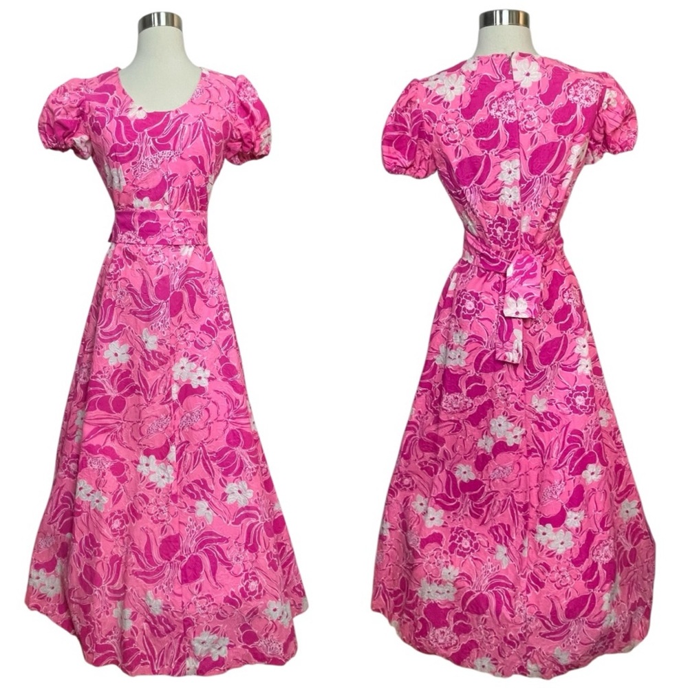 VTG 60s 70s Pink Floral Tapestry Maxi Dress‎ Puff Sleeve Mod Cottagecore Boho